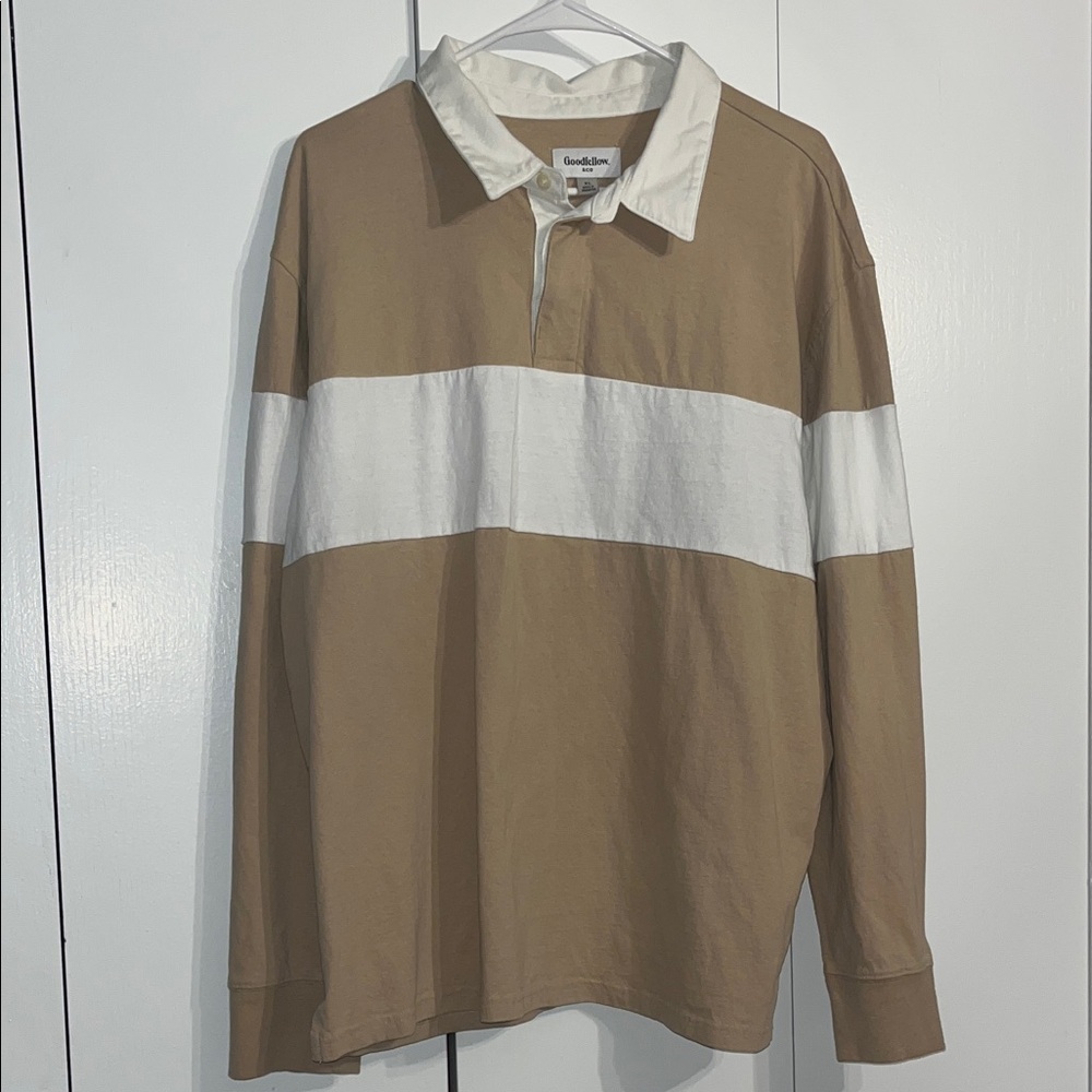 Goodfellow & Co Tan and White Long-Sleeve Rugby Polo